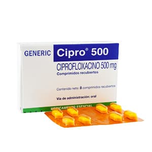 Packung von Tabletten Cipro (Ciprofloxacin) 500 mg